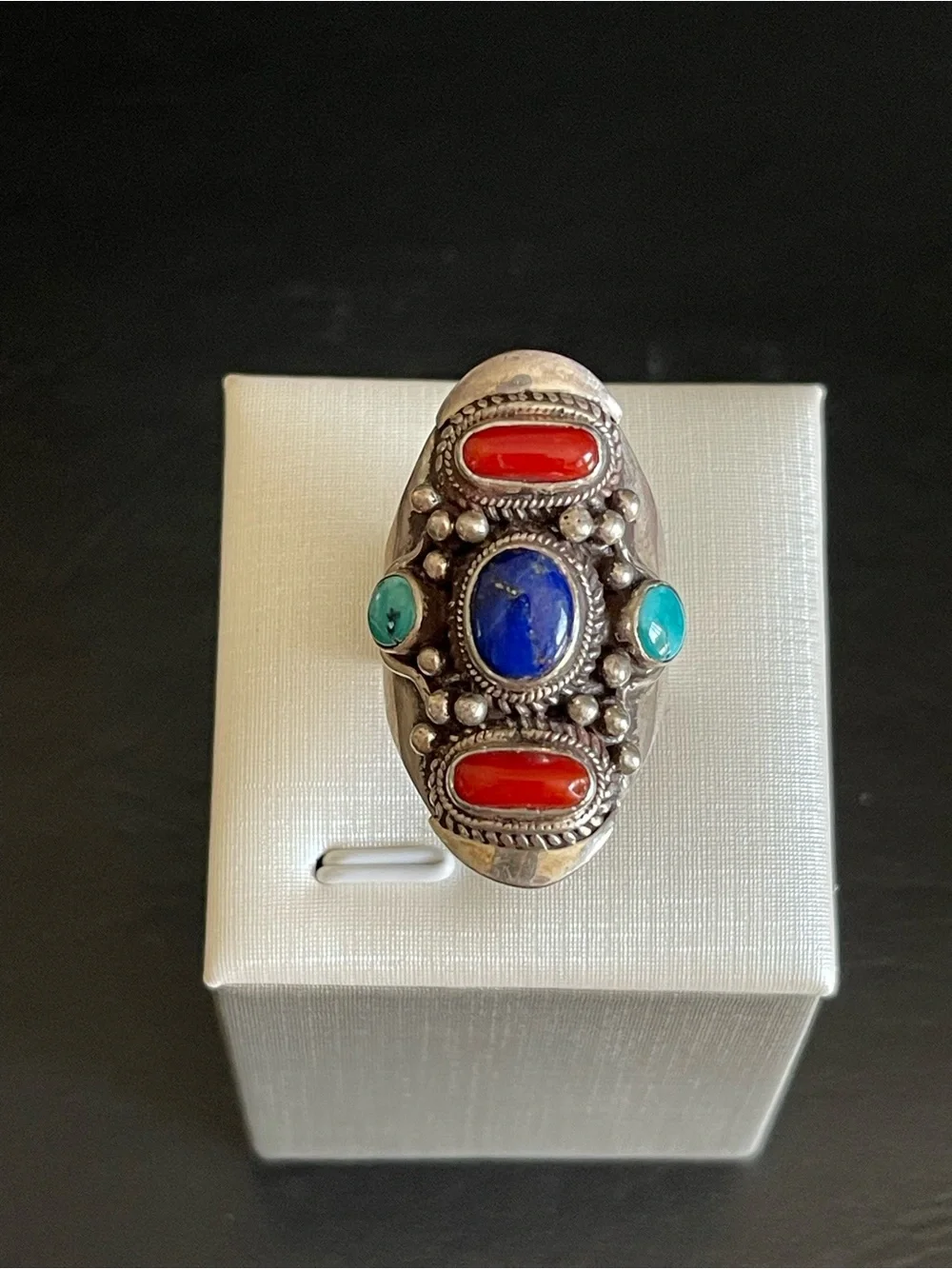 Vintage 925 Sterling genuine lapis turquoise,red coral Statement Ring.